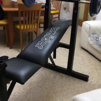 Panca inclinabile, con bilanciere 50 kg e pull dow