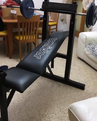 Panca inclinabile, con bilanciere 50 kg e pull dow