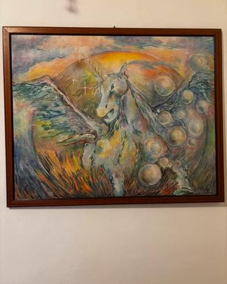 Dipinto raffigurante unicorno alato con cornice