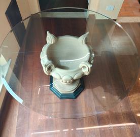 Tavolo cristallo con base ceramica e legno 