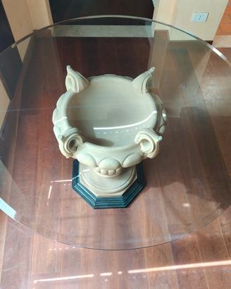 Tavolo cristallo con base ceramica e legno 