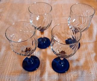 4 Calici Vintage in Cristallo e Vetro Blu Cobalto