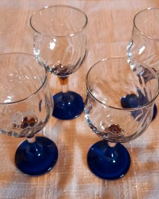 4 Calici Vintage in Cristallo e Vetro Blu Cobalto