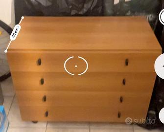 Cassettiera in legno, con rotelle, con 4 cassetti