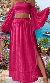 Set coordinato fucsia - Top bardot e gonna lunga