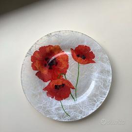 Piatto in vetro decorazione papaveri decoupage