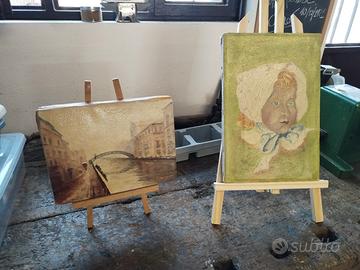 quadri olio su tela Navigli e volto di bambina 