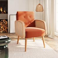 Poltrona (2)  in velluto con braccioli in rattan