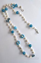 Collana Artigianale all’Uncinetto bianca e celeste