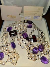 Collana ametista, perle, ambra