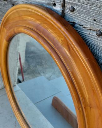 Specchio tondo anni 70 con mensola vintage legno