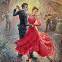 QUADRO AD OLIO RAFFIGURANTE UN BALLO, CM. 40X60