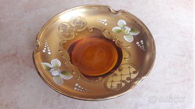 VECCHIO POSACENERE VETRO AMBRATO DECORATO A MANO