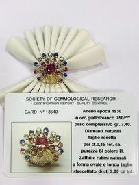 Anello oro 18kt con zaffiri rubini e diamanti 1930