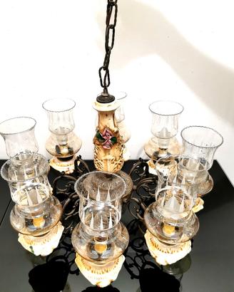 Lampadario Antico In Ceramica E Bronzo