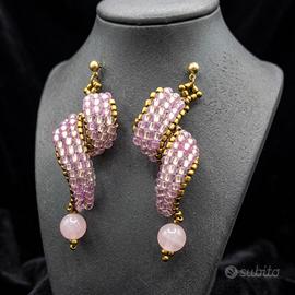 Orecchini Vintage Curl Gemme Quarzo rosa Boho Chic