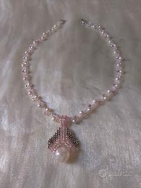 Collana Perle Ciondolo artigianale Rosa Bianco 