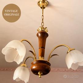 Lampadario Vintage 3 Luci in Legno, Ottone e Vetro