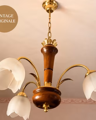 Lampadario Vintage 3 Luci in Legno, Ottone e Vetro