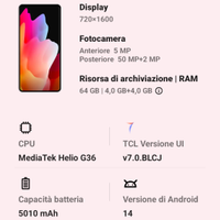 Telefono tcl 505 ,4g RAM e 64 memoria