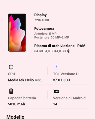 Telefono tcl 505 ,4g RAM e 64 memoria