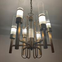 Anni 60 lampadario a 6 luci in ottone e vetro