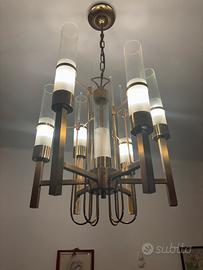 Anni 60 lampadario a 6 luci in ottone e vetro