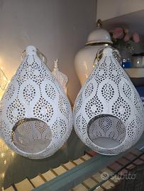 Set 3 lanterne porta candela in ceramica bianca tr