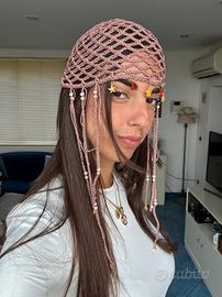 cappello cuffia a rete ad uncinetto con perline 