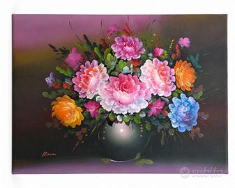 Fiori rosa in vaso scuro - olio su tela 50x70