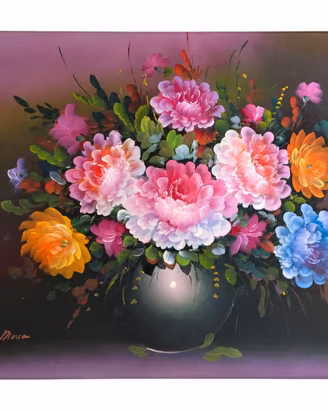 Fiori rosa in vaso scuro - olio su tela 50x70
