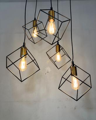 Lampadario 5 luci cubi metallo nero/ottone