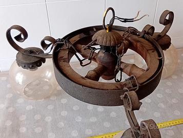 coppia lampadari vintage rustici legno ferro vetro