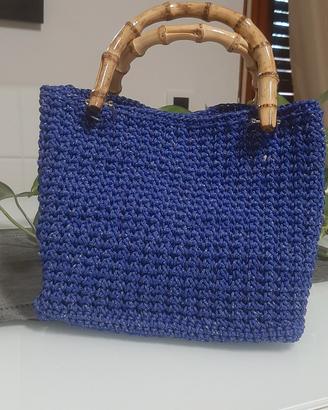 borsa all'uncinetto con manici in bambù azzurro na