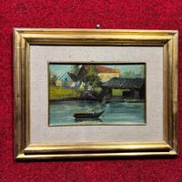 Dipinto case sul fiume metà 900 olio su pannello