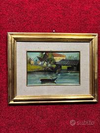 Dipinto case sul fiume metà 900 olio su pannello