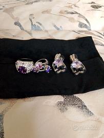 orecchini più 2 anelli con pietre ametista 