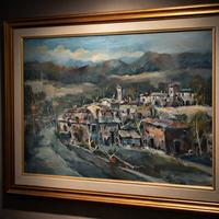 Dipinto originale ad olio, paesaggio di villaggio 
