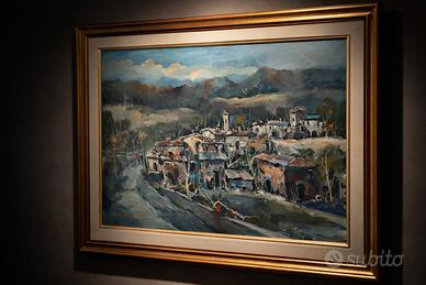 Dipinto originale ad olio, paesaggio di villaggio 