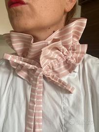 Colletto arricciato in cotone a righe bianco rosa