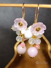 orecchini giada,diaspro rosa,fiori,acciaio
