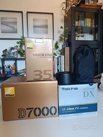 Nikon D7000 con obiettivi Nikon 35mm, Tokina 12-24