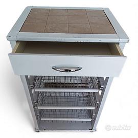 Carrellino da cucina bianco con 3 cesti e cassetto