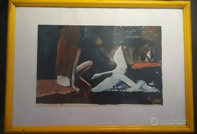 Dipinto Naif 1971 - Donna e Cigno - Tempera