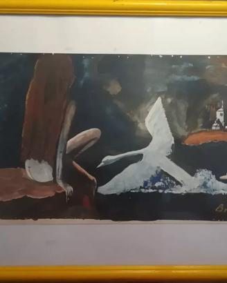 Dipinto Naif 1971 - Donna e Cigno - Tempera