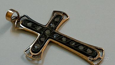 Croce Stile Liberty in Oro Rosso 8 Kt. con diamant