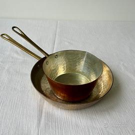Set padella e pentolino in rame, manici in ottone