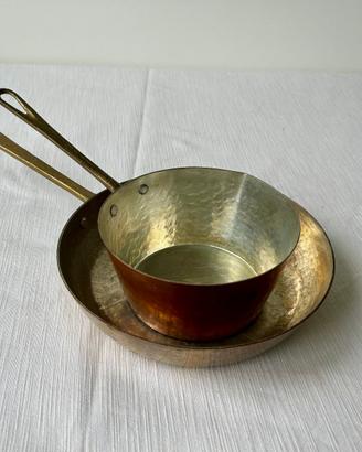 Set padella e pentolino in rame, manici in ottone