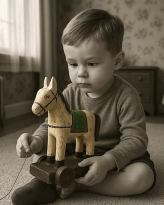 Cavallino vintage antico legno su rotelle epoca