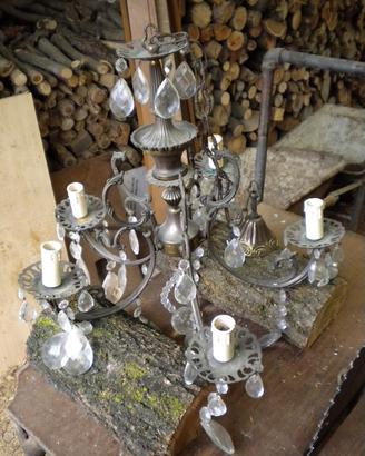 Lampadario Vintage Ottone Cristalli 5 Luci